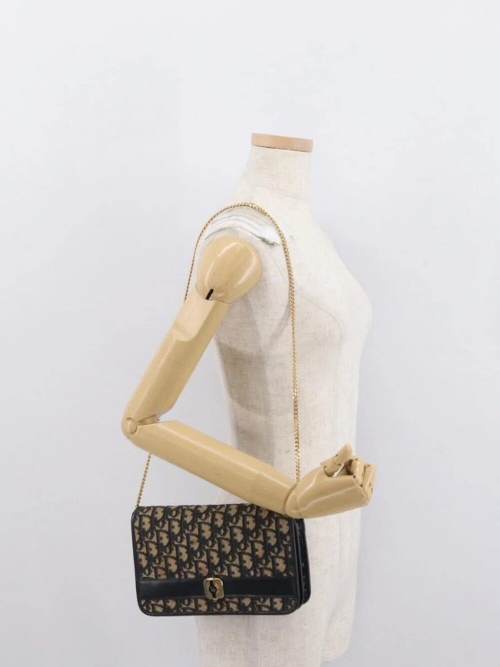 Christian Dior Chain Trotter Canvas Shoulder Bag Navy Gold